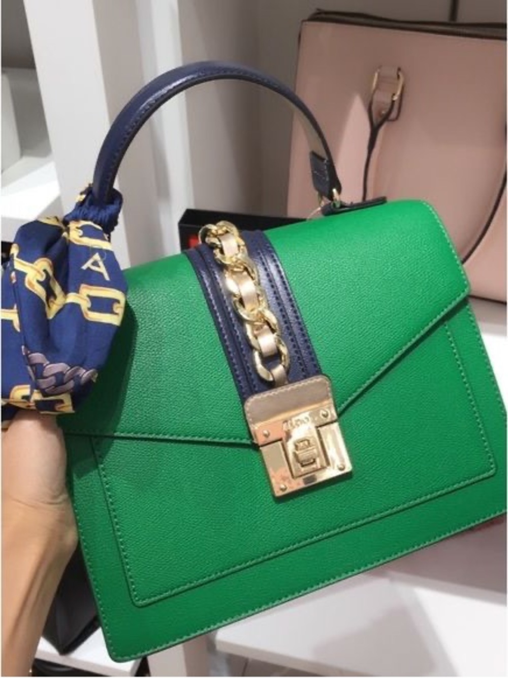BRAND NEW Aldo Green Satchel with Navy Trim and Gold Chain Lock - GUCCI style